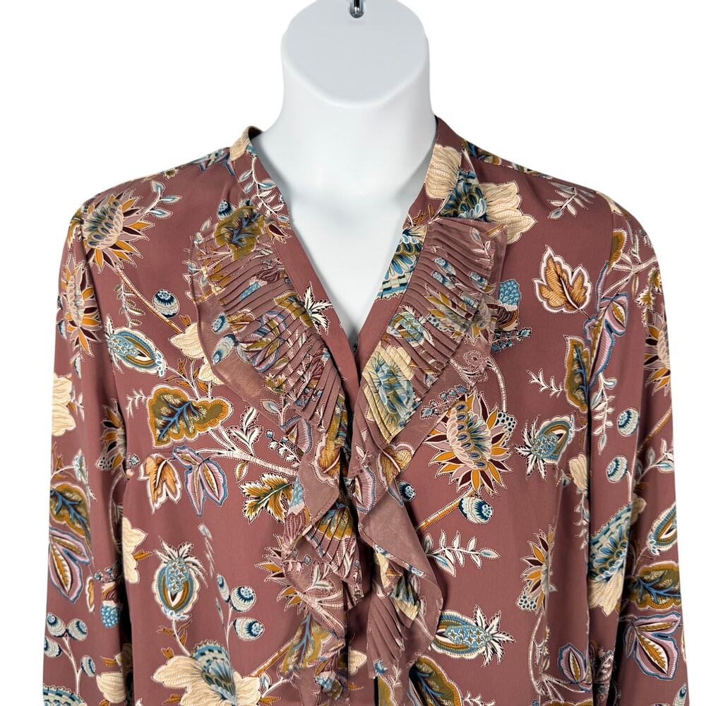 Chicos Blouse Womens 2 Purple Floral Jacobean Bouquet Pleated Ruffle‎ Button Up